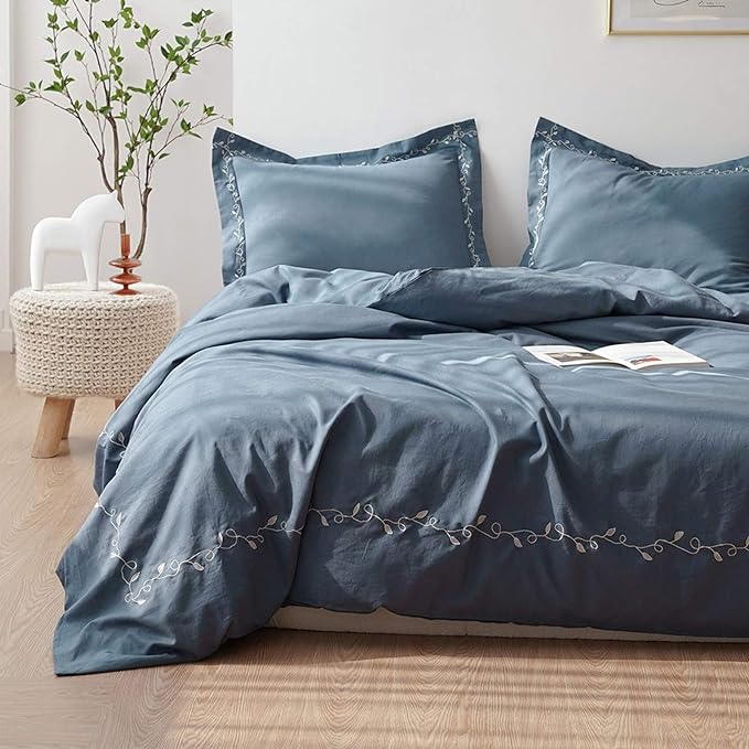 BISELINA French Linen Duvet Cover Set 3pcs Embroidered Willow Leaf 55% Flax 45% Cotton Blend Soft Breathable Luxury Bedding (King, Embroidery Navy Blue)