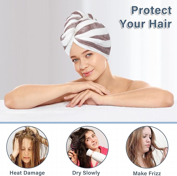Microfiber Hair Towel Wrap, Quick Dry Hair Turbans with Button, Ultra Soft Thickening Coral Fleece Dry Hair Cap, Anti Frizz Hair Turban Towel for Curly Long Thick Hair
