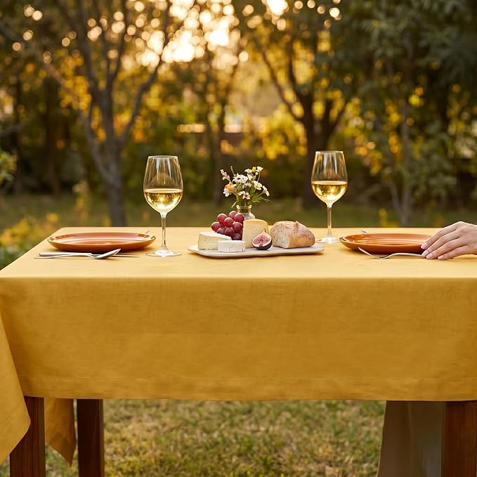 Solino Home Linen Tablecloth for Rectangle Tables 60 x 144 Inch - 100% Pure Linen Mustard Yellow Table Cloth - Fete, Machine Washable Cloth Tablecloth for Summer