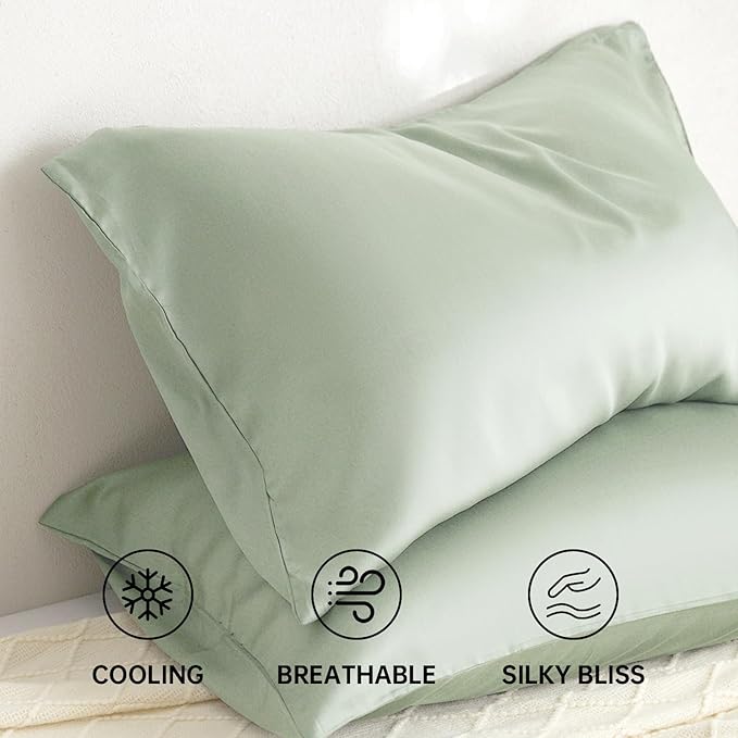100% Lyocell Silk Pillowcase 2-Pc Tencel Pillowcases Silky Smooth Cooling Pillow Covers for Hot Sleepers 20x30 Inches (Green, 20x30in)