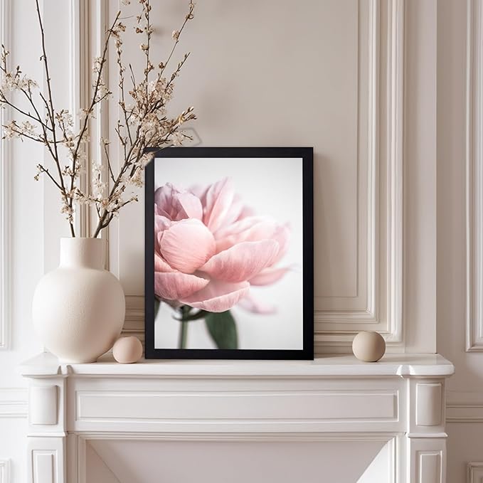 Monem Art Soft Pink Peony Macro Photography Print - Minimalist Floral Art Poster - Wall Decor for Living Room, Bedroom or Office - 12x16 Black Framed Wall Art by Mareike Bohmer