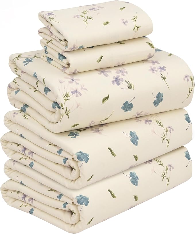 RUVANTI Flannel Sheets Split King Size - 100% Cotton Double Brushed Split King Bed Sheets Set - Deep Pockets 16 Inches - All Seasons Breathable & Extra Soft - Warm & Cozy, 5 Piece, Jasmine Stamp Cream