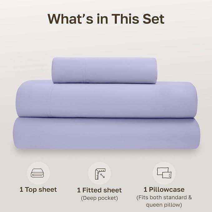 California Design Den Soft 100% Organic Cotton Bed Sheets Twin XL Size Set - Crisp Percale Organic Sheets, Deep Pockets, Durable Bedding Set for Dorms, Hospitals - Lavender Mist
