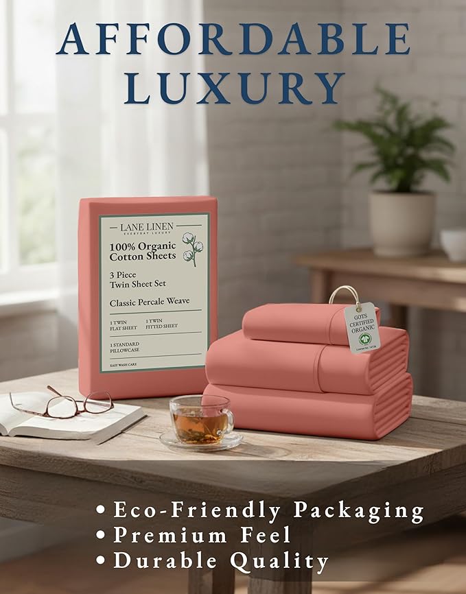 LANE LINEN 100% Organic Cotton Twin XL Sheets Set, 3-Piece Pure Organic Cotton Percale Sheets, Cotton Bedsheets, Ultra Soft Bedding Sheets, Breathable, Fits Mattress Upto 15" Deep - Rose Dawn