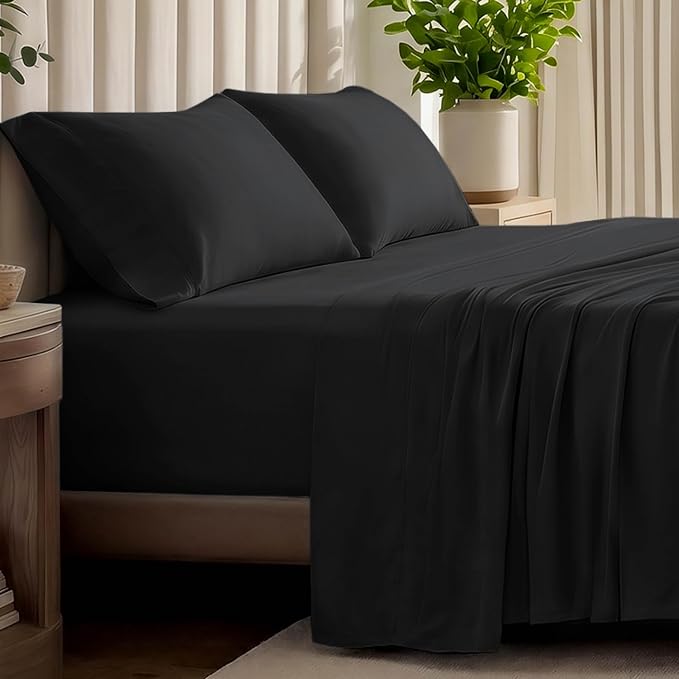Bare Home 100% Organic Cotton Jersey Sheet Set, Ultra Soft, 100% Cotton - Sheet Set & Pillowcase - Deep Pocket Bed Sheets (Twin XL, Black)