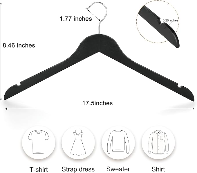 TOPIA HANGER Wooden Hangers 30 Pack, 0.28-inch Slim & Durable Clothes Hangers Space Saving, Black Wood Hanger with 360°Swivel Hook and Non-Slip Shoulder Notches for Coat,Shirts, Camisoles, CT51B