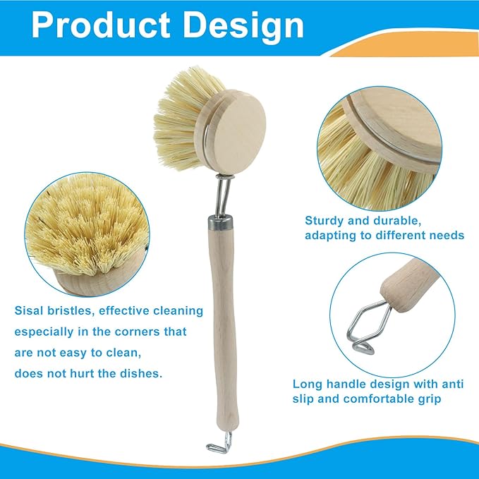 Murtenze Dish Brush with Wooden Handle, Sisal Bristles Brush with 2 Replacement Heads, Natural Wood Dish Scrubber for Washing and Cleaning Pots and Pans (Hook Type)
