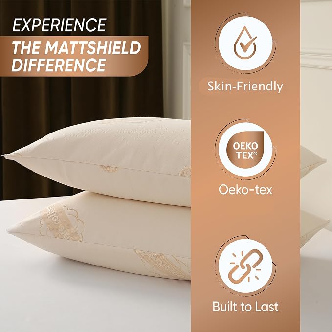 2-Pack Deluxe Waterproof Organic Cotton Pillow Protectors Queen Size - Certified Organic, Zippered Encasement, Ultra-Soft Knit Fabric, Thick 280 GSM Cotton