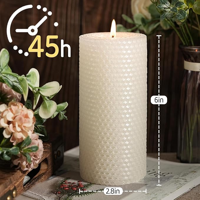 4 Pack Beeswax Pillar Candles, 2.8x6 Inch 180 Hours Hand-Rolled White Large Beeswax Candles, Handmade Pure Bees Wax Honeycomb Bees Wax Candle for Prayer, Unscented Candles (2.8x6 in)