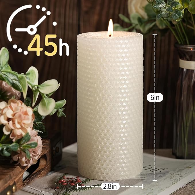 2 Pack Beeswax Pillar Candles, White Hand-Rolled Beeswax Candles-90 Hours Long Burning, Handcrafted Honeycomb Bees Wax for Home, Bee Themed Gifts for Candle Lovers (2.8x6 in)