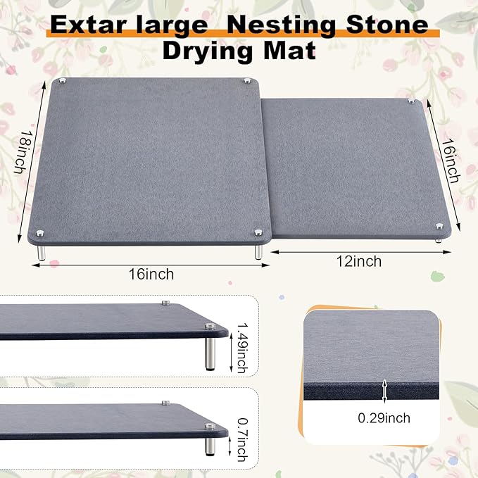 2 Pcs 18"x16" & 16"x12" Extra Large Nesting Stone Dish Drying Mats for Kitchen Counter Absorbent Quick Dry Diatomaceous Earth Mat with Non-slip Feet for Pot Dishes Cups Tableware (Dark Gray)
