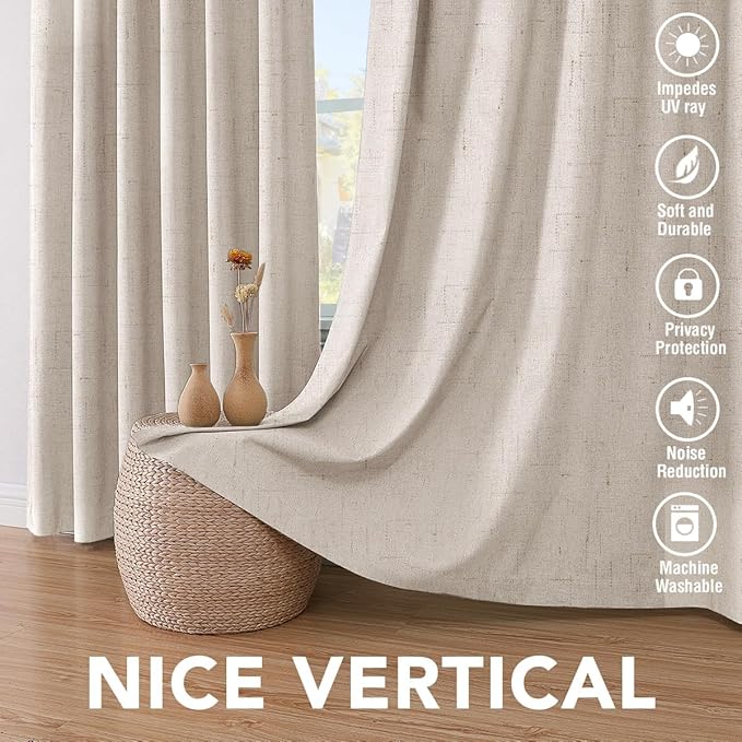 H.VERSAILTEX Blackout Curtains Linen Curtains 120 inches Long 100% Black Out Curtains for Bedroom Windows, Textured Linen Look Draperies Grommet with White Liner, 2 Panels, Natural