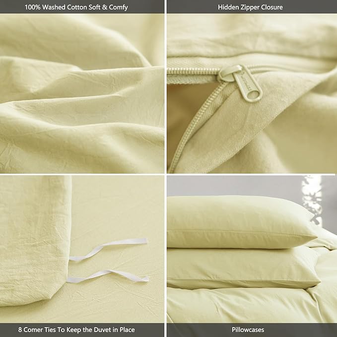 MooMee Queen Duvet Cover Set, 100% Washed Cotton Linen Like Twill Thick Sturdy Material Super Soft Breathable Durable Bedding for All Season, 3 Pieces (Pale Yellow, Queen 90"x90")