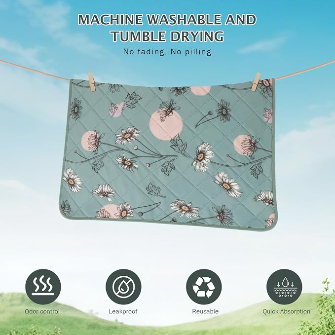 IEUUMLER Washable Pee Pads for Dogs, 2 Pack Non-Slip & Waterproof Pack Whelping Pad, Reusable Washable Puppy Potty Training Pad with Fast Absorbent for Playpen EU007 (Green Daisy, 31"X36"-2pcs)