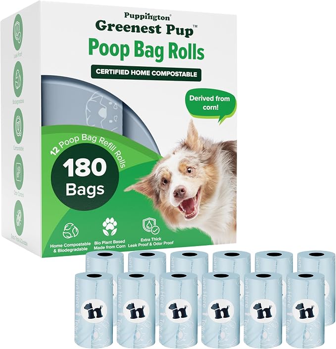 Puppington Certified Home Compostable Poop Bags - ASTM D6400 Compliant - Plant-Based Thick Bags - Pairs with Puppington 3-in-1 Bag & Fits all Standard Poop Bag Dispensers (Ice Blue, 180 Bags)