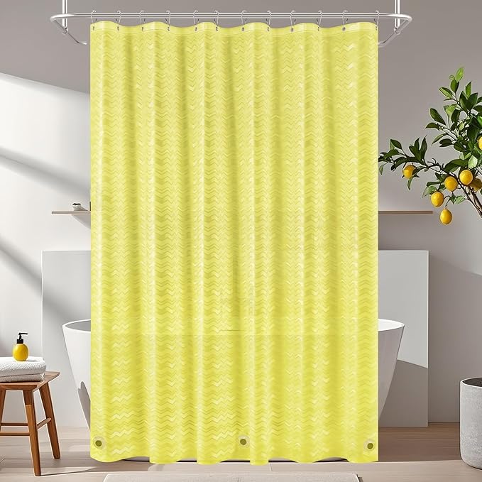Seenus Waterproof PEVA Shower Curtain Yellow Striped, 3D Frosted Shower Curtain Liner with 3 Large Magnets, Bathroom Translucent Plastic Shower Curtain with Water Ripple Pattern