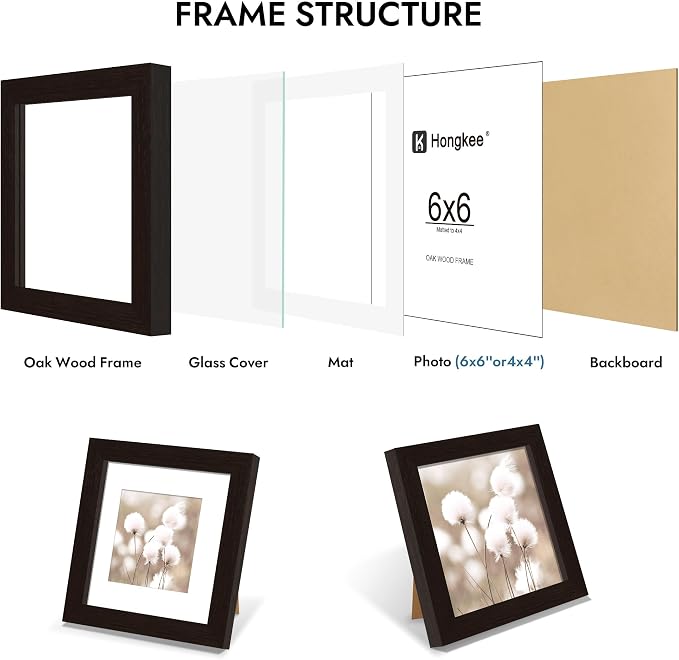 Hongkee 6x6 Oak Wood Picture Frame 1 Pack(Matted 4x4) with Real Glass Cover | Black, 6 x 6 Solid Wood Frame for Wall or Tabletop Display - Includes Easel Back, Vertical Hang - Ideal for Home, Office