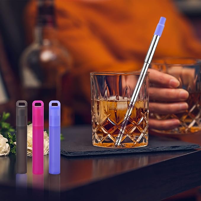 NAIVELY-Reusable Metal Straws 2 Pack Collapsible Stainless Steel Straw,travel straw with case and Cleaning Brush,Retractable Portable Pocket Straws(Red, Purple Telescopic brush)