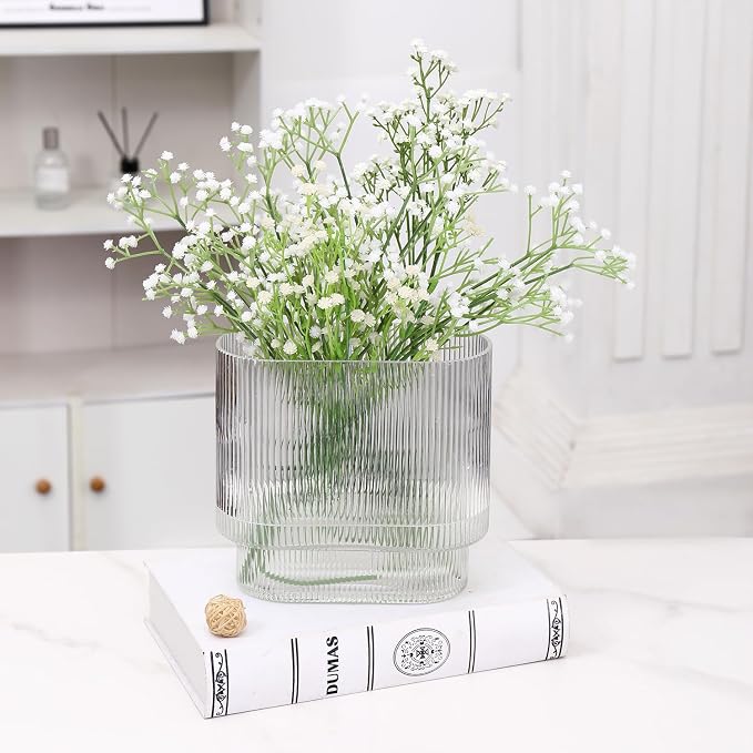 Ribbed Vase, Fluted Glass Vase for Flowers, Clear Flower Vases for Tulips, Modern Vases for Living Room, Dining Table, Office, Bedroom, Mantle, Shelf, Wedding, 7 Inch