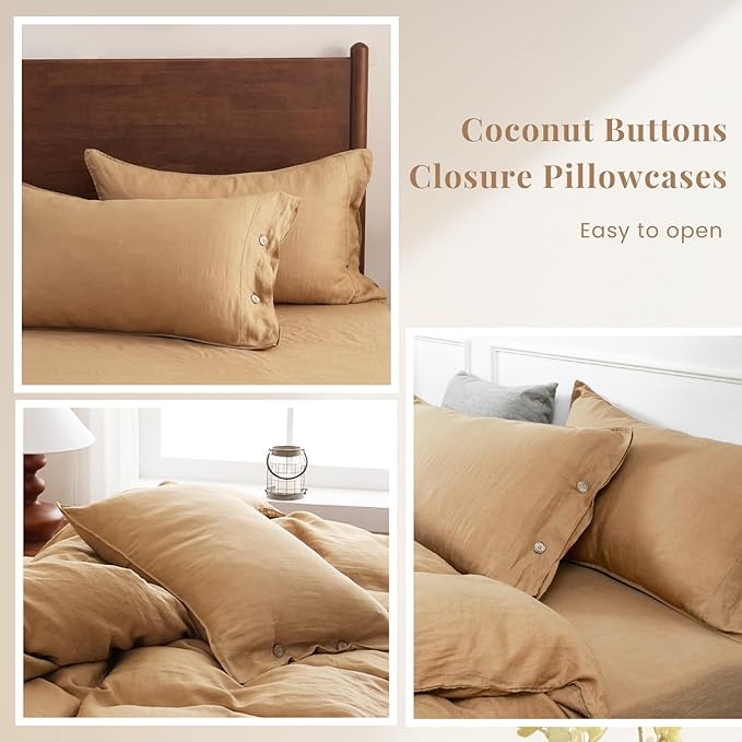 S VICTORY SYMBOL Pure Linen Duvet Cover Set 3pcs,Natural French Washed Flax Solid Color Breathable (1 Duvet Cover and 2 Pillowcases) with Coconut Buttons Closure(Full,Sandy Beige)