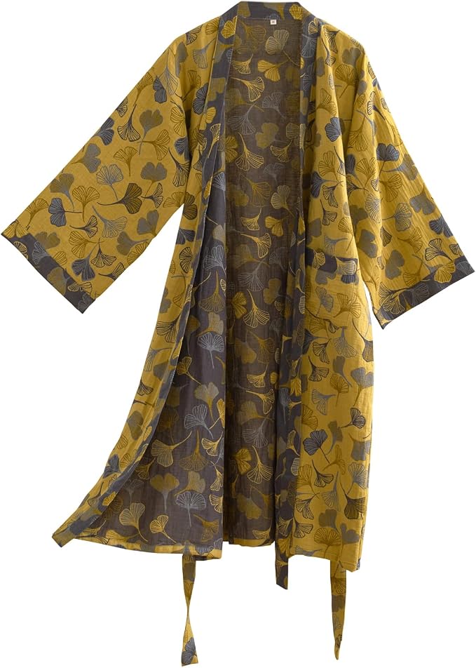 100% Cotton Gauze Ginkgo Leaf Kimono Robe, Long Knit Loose Bathrobe Nightgown Ladies Loungewear Sleepwear for Women