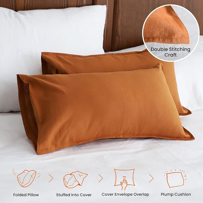 Simple&Opulence Linen Lumbar Pillow Covers 12x20 Inch Set of 2 Flax Cotton Blend Rectangular Decorative Throw Cushion Cover for Couch Sofa Bedroom Office Soft Breathable Farmhouse - Rust
