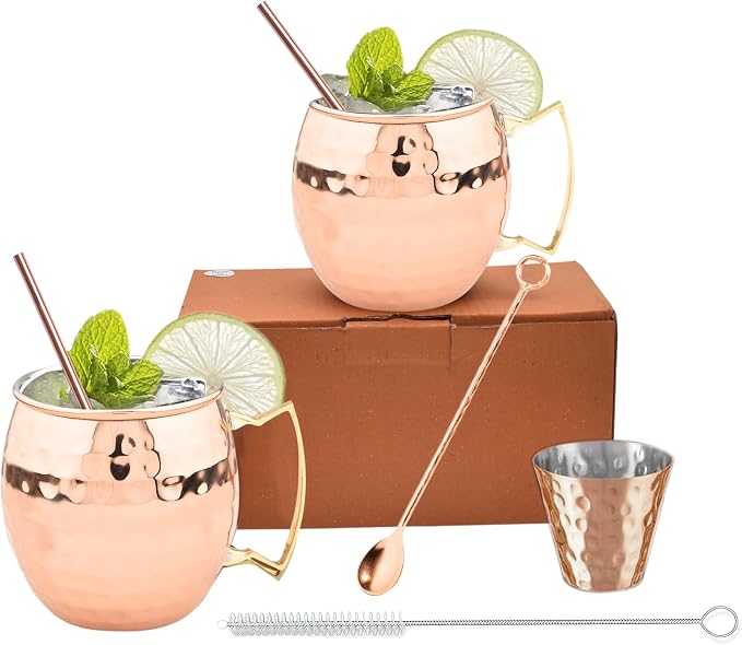 BOLD & DIVINE Copper Plated Moscow Mule Mugs Set of 2 | 18 Oz Hammered Cups with 304 Stainless Steel Lining and Gold Brass Handles | Bonus Copper Straws, Shot Glass & Cleaning Brush