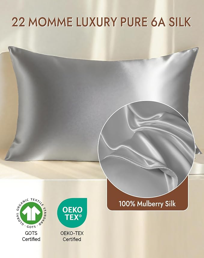 SilkSilky 100% Mulberry Silk Pillowcase - Pure 22 Momme High-Grade 6A Fibers for Hair & Skin, Envelope Closure, Natural, Organic, Breathable & Cooling Pillow Case (Standard, Silver)
