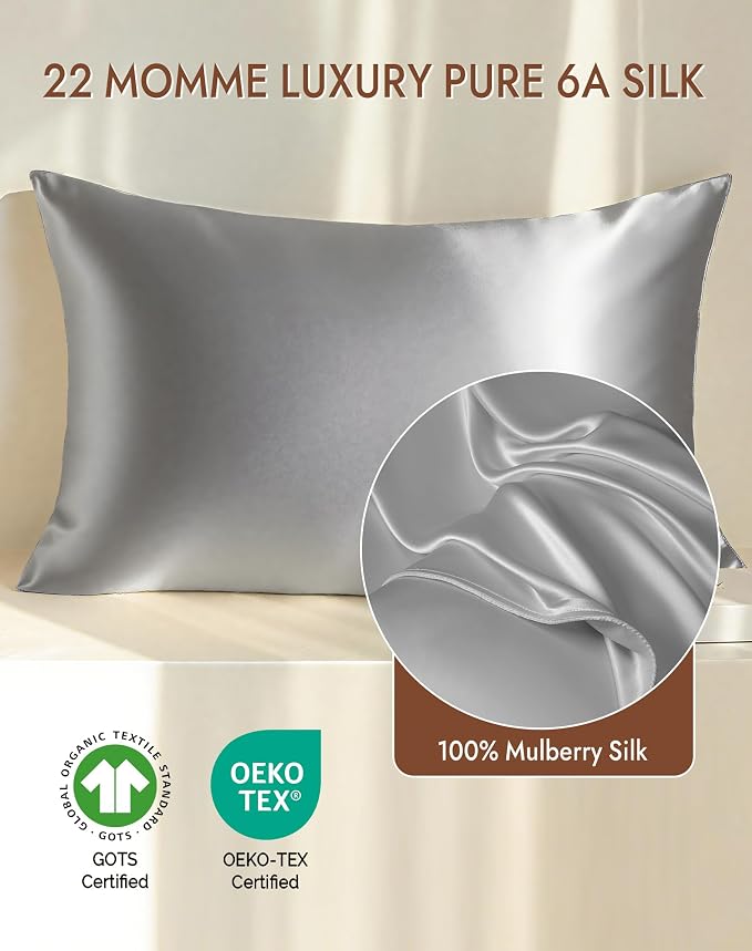SilkSilky 100% Mulberry Silk Pillowcase - Pure 22 Momme High-Grade 6A Fibers for Hair & Skin, Hidden Zipper, Natural, Organic, Breathable & Cooling Pillow Case (Queen 20''x30'', Silver)