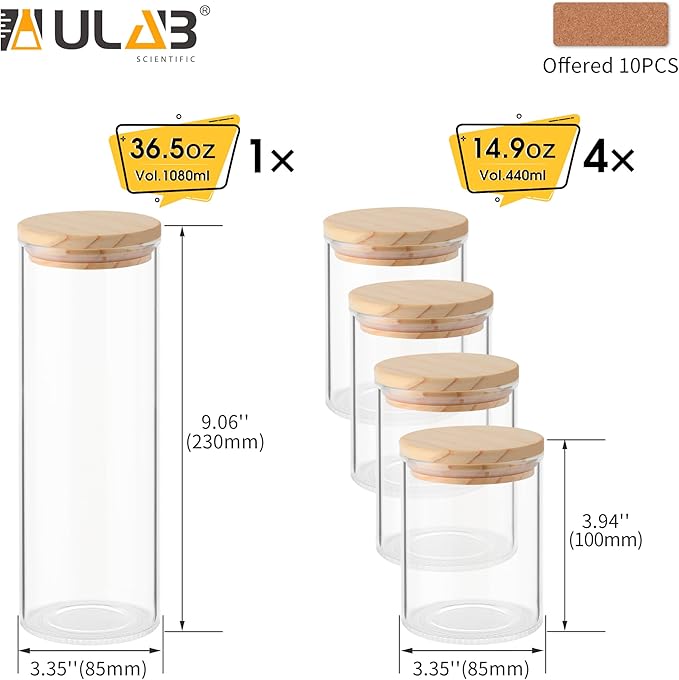 ULAB 3.5mm Thick Glass Food Container Set with Lid, 4PCS of 14.9 OZ, 1 PC of 36.5 OZ Clear Storage Jar, Glass Airtight Canisters set for Cookie, Pasta, Coffee Beans, USJ1004