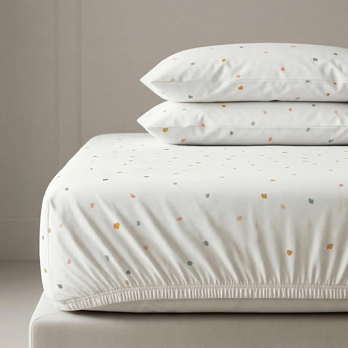 MakeMake Organics Organic Full Fitted Sheet Set GOTS Certified Organic Cotton Fitted Sheet with Pillowcase Ultra Soft Non Toxic Breathable Colorful Dots Neutral Boys Girls (Full, Dotty)