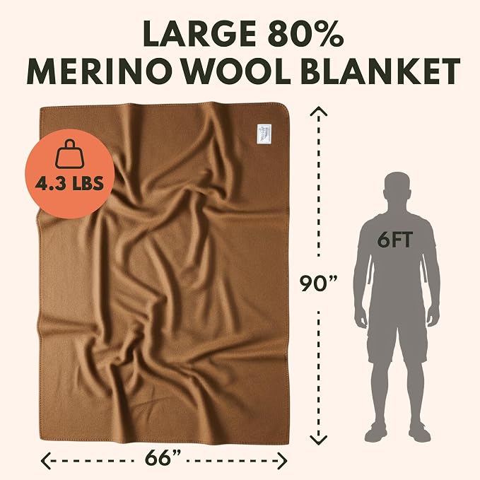 Woolly Mammoth Woolen Company Merino Wool Blanket, 66" x 90" Sandstone | Temperature Regulating - Fire-Resistant - Warm Camping Blanket for Car Emergency Kits, Picnics, Summer Festivals and Stadiums