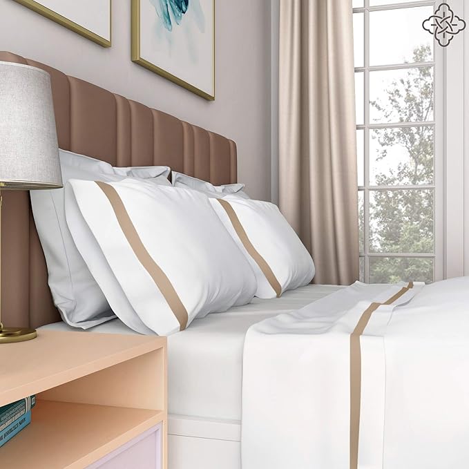 BIOWEAVES 100% Organic Cotton Banded Sheet Set, Soft Sateen Weave GOTS Certified with deep Pockets (Queen, White & Sand)