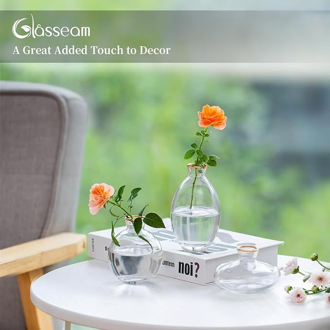 Glass Bud Vase for Centerpieces, 6Pcs/2Sets Glasseam Modern Gold Rim Mini Small Vases for Flowers Bulk Flower Vase Set Aesthetic Cute Handmade Tiny Short Wedding Table Centerpiece Decor