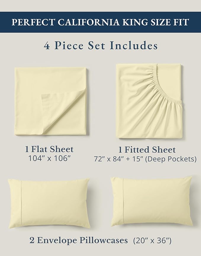 LANE LINEN 100% Organic Cotton California King Sheets Set, 4-Piece Soft & Comfy Luxury Hotel Style Percale Weave Best Bedding Sheets for Bed, Breathable, Fits Mattress Upto 15" Deep - Vanilla