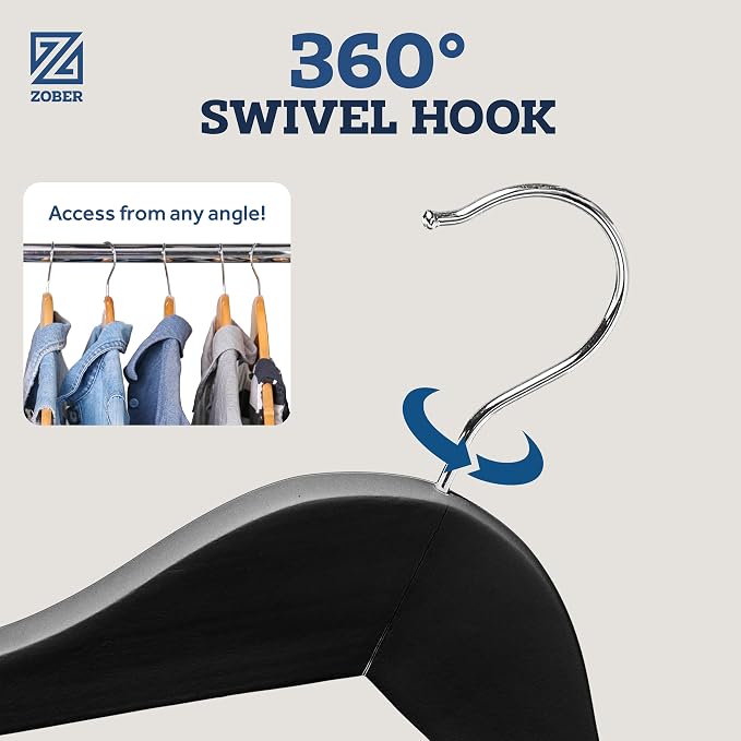 ZOBER Black Wooden Hangers - Heavy Duty, Non Slip Wood Hangers for Coats, Jackets, Suits, & Pants - Coat Hangers for Closet W/Bar and Notches 20 Pack