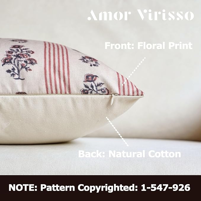 Amor Virisso Floral Throw Pillow Covers 24x24 Set of 2 Block Print Pillow Covers Neutral Floral Striped Farmhouse Decorative Pillow Covers for Sofa Couch Bed, Red