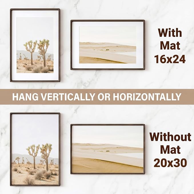 Fun Memories 20x30 Poster Frame, Natural Wenge Wood Picture Frame with HD Tempered Glass, Handcrafted Rounded Corner 20 x 30 Wooden Frames Matted to 16x24 Photos, Horizontal or Vertical Wall Display