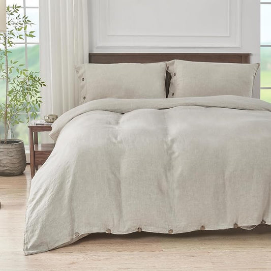 S VICTORY SYMBOL 100% Organic Linen Duvet Cover Set 3pcs Queen Size,Natural French Washed Flax Bedding (1 Duvet Cover and 2 Pillowcases) with Coconut Button Closure,Natural Linen