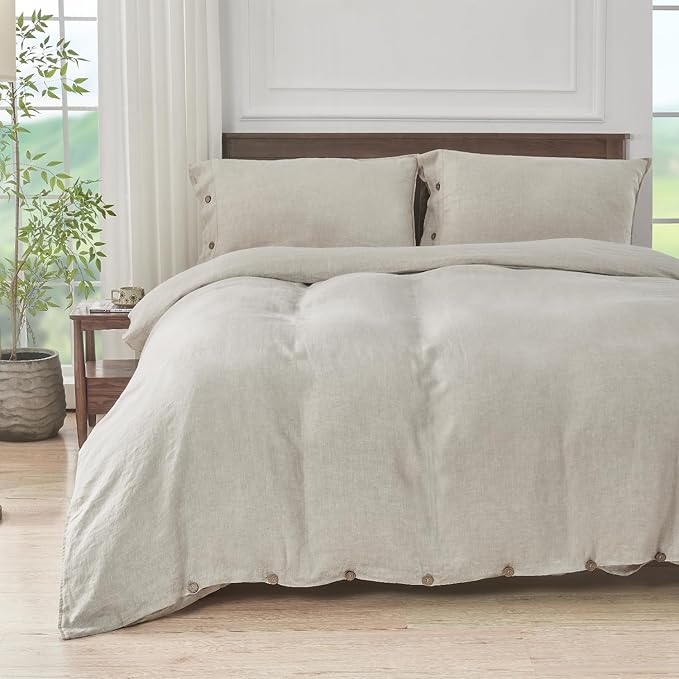 S VICTORY SYMBOL 100% Organic Linen Duvet Cover Set King Size 3pcs,French Washed Flax Solid Color Bedding(1 Duvet Cover &2 Pillowcases) with Coconut Button Closure(Natural Linen)