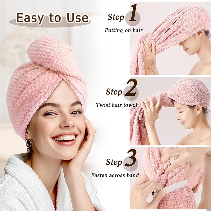 Microfiber Hair Wrap Towel for Women, Quick-Dry & Absorbent (2 Pack, Pink) | Absorbs water fast and reduces frizz, fits long and curly hair, soft, lightweight, secure elastic loop keeps wrap in place