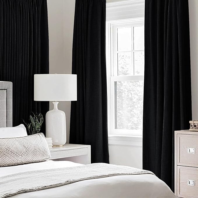 MIULEE Linen Texture Curtains for Bedroom Solid 100% Blackout Thermal Insulated Halloween Black Curtains Grommet Room Darkening Drapes for Living Room 52x54 Inch (2 Panels)