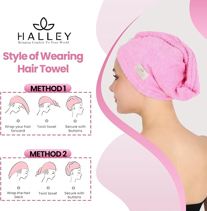 HALLEY Cotton Hair Towel Wrap (3 Packs) Super Absorbent Fast Drying Turbans for Thick, Wet Hair with Button (Black, Grey, Pink)