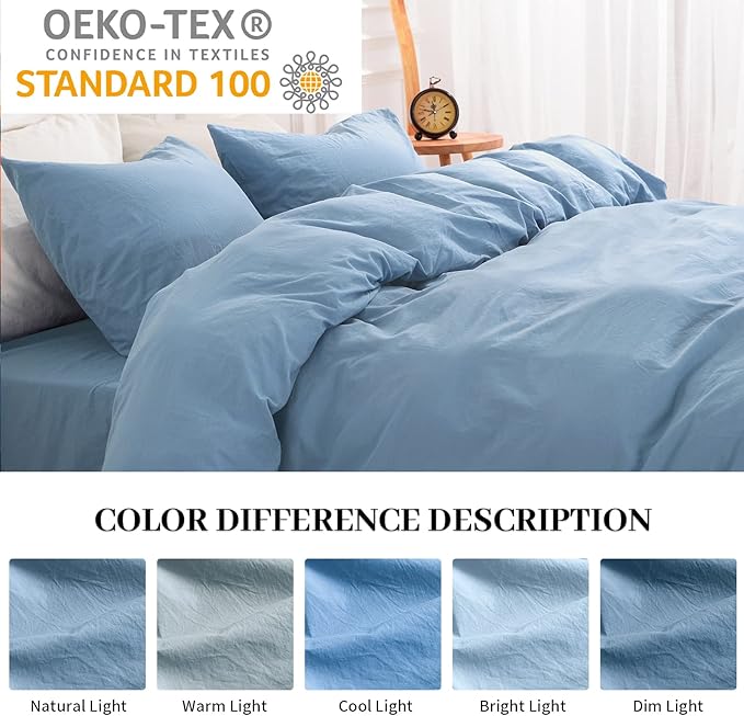 NEXHOME PRO Duvet Cover Set 100% Washed Cotton Full Size Linen Feel Textured Organic Natural 3 Pieces Bedding Set Royal Navy Klein Blue with Zipper Closure and Corner Ties, Breathable