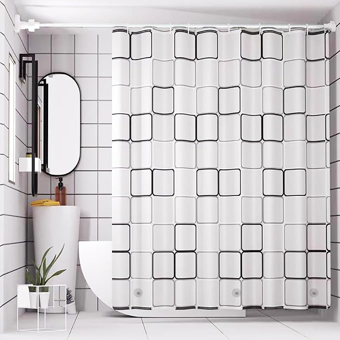 TIKABC Shower Curtain Liner, 4G PEVA Shower Liner, Plastic Waterproof Shower Curtains, with Grommet Holes and 3 Magnetic Weights(Black White Big Square)