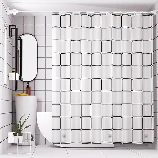 TIKABC Shower Curtain Liner, 4G PEVA Shower Liner, Plastic Waterproof Shower Curtains, with Grommet Holes and 3 Magnetic Weights(Black White Big Square)