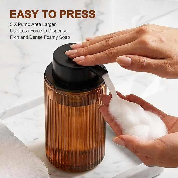 KASUNTING Foaming Soap Dispenser, Amber Glass Foam Hand Soap Dispenser for Bathroom, 11 Fl Oz Ribbed Refillable Foaming Pump Bottle with Black Pump, Modern Dish Soap Foam Dispenser