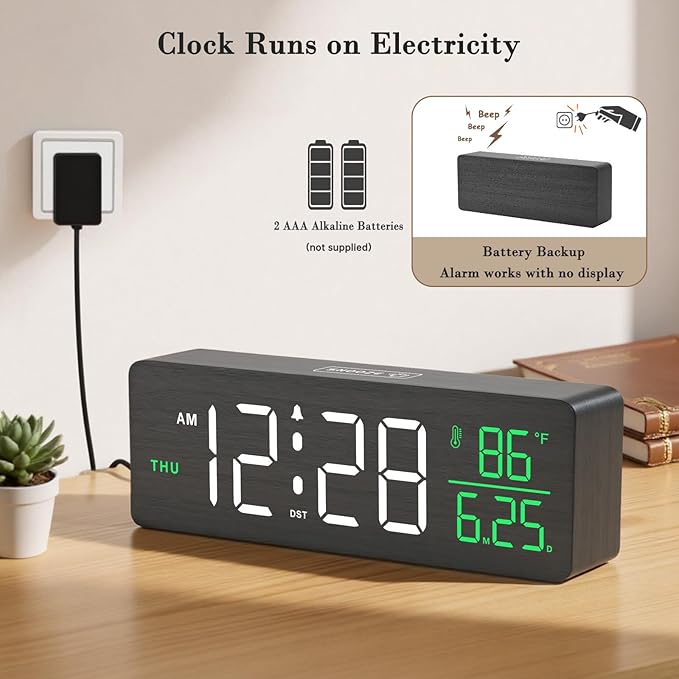 DreamSky Wooden Digital Alarm Clocks for Bedrooms – Large Display Desk Clock with Date & Day of Week for Living Room, Temperature, Dimmer, Adjustable Volume, Auto DST, Office Wood Décor (Plug-in)