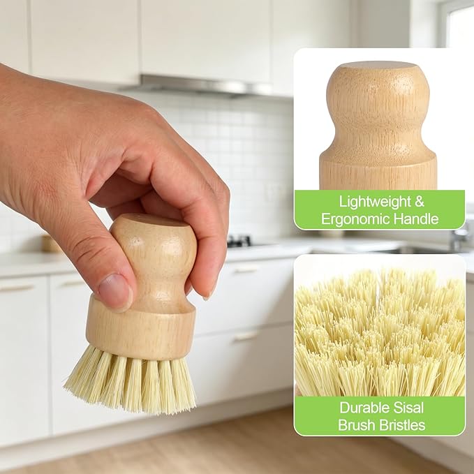 Bamboo Dish Brush Set with Holder, 2 Sisal Dish Brushes & 1 Palm Scrub Brush, Natural Kitchen Scrub Brush for Dishes, Pots, Pans, Sink