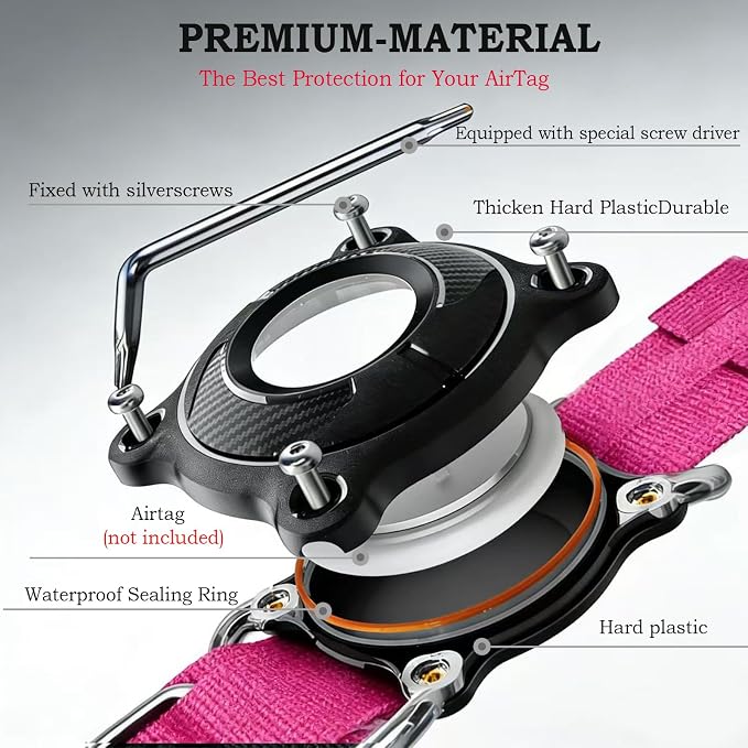 Upgraded AirTag Dog Collar,Waterproof Tactical Dog Collar with AirTag Holder, Control Handle and Metal Buckle,Heavy Duty Dog Collars for Large Dogs (Rose Red，L